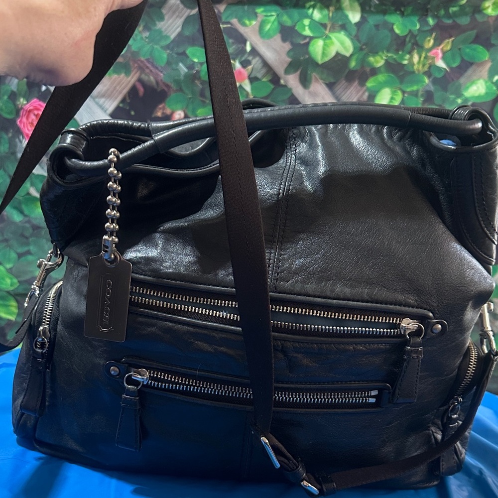 Coach Large Black Leather Shoulder Bag  Handbag with Silver Hardware